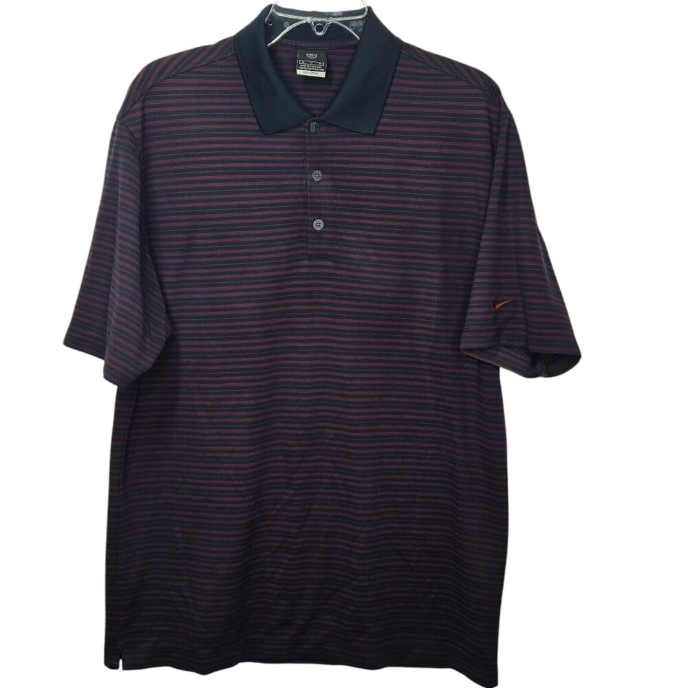 Nike Golf Polo Shirt Navy Blue Burgundy Red Stripe Medium Dri-Fit UV Protection